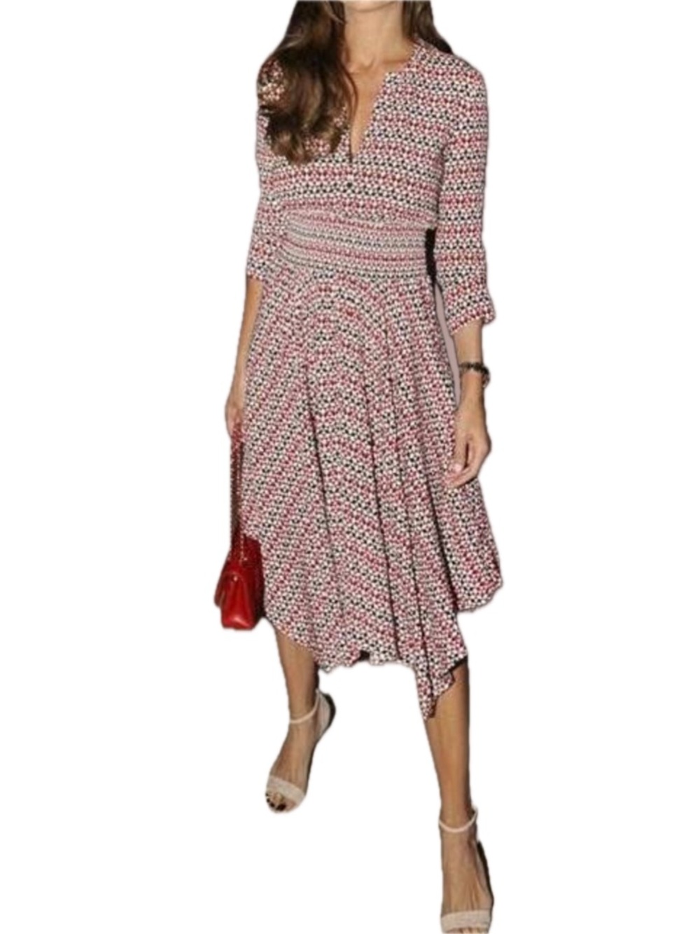 MAJE Rayi Midi Dress Small Geometric Print Asymmetrical Hem French Designer EUC